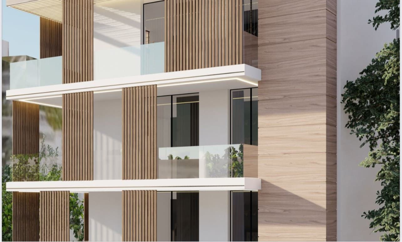 Chatzopoulou building façade with timber louvres in Loutraki