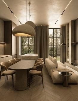 Dining area with sculptural pendant light